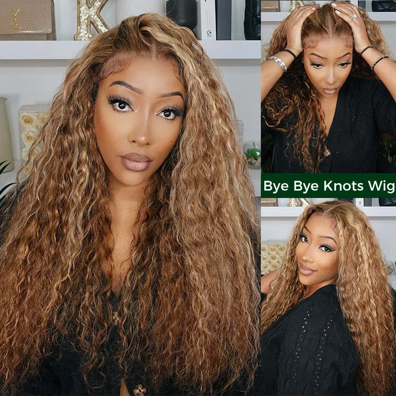 $100 OFF | Code: SAVE100  Klaiyi Spring Trendy Highlight Blonde Water Wave Put On and Go Glueless Lace Wigs 7x5 Bye Bye Knots 4.0 Human Hair Lace Wig