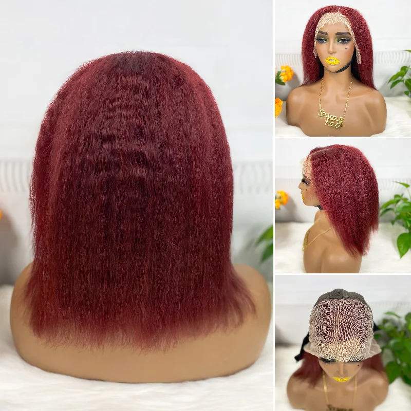 13*4 BoB Wig Kinky Straight Natural Color Lace Wigs Color 99J 200% Density