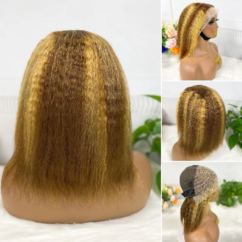 13*4 BoB Wig Kinky Straight Natural Color Lace Wigs Color P4/27# 200% Density