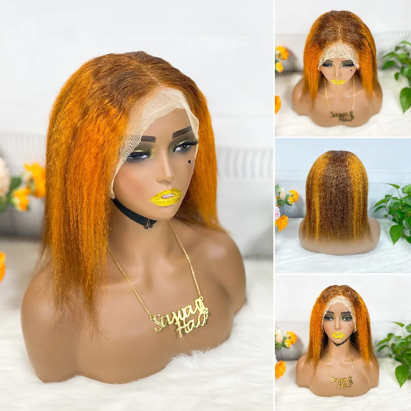 13*4 BoB Wig Kinky Straight  Wigs Color P4/350# 200% Density