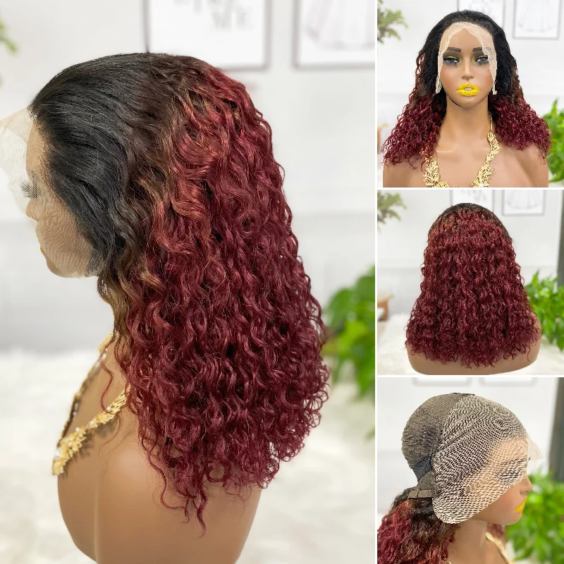 13*4 BoB Wig Water Wave  Wigs Color T1B/99J 220% Density