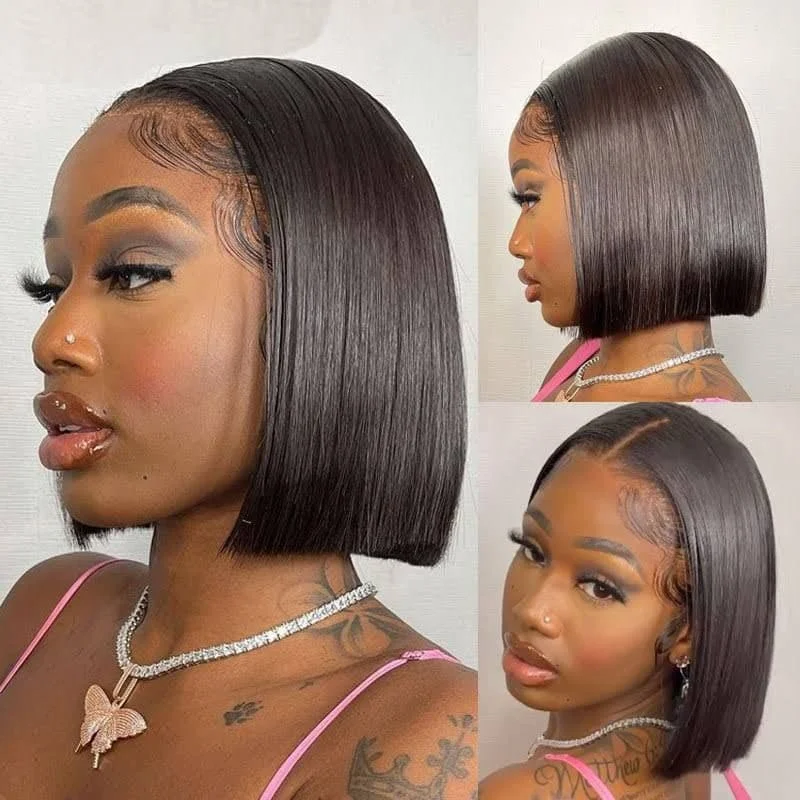 13×4 Undetectable Invisible Lace Wig HD Glueless Short Straight Bob Wig Natural Black Color