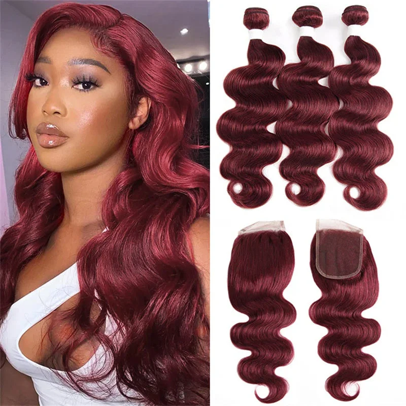 99j Wine Red Color Brazilian Body Wave Hair 3 Bundles With 4x4 Closure Human Hair