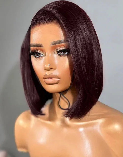 99J/Burgundy Color Straight Short Bob 13x5 Pre Cut Lace Frontal Wigs Glueless Wig