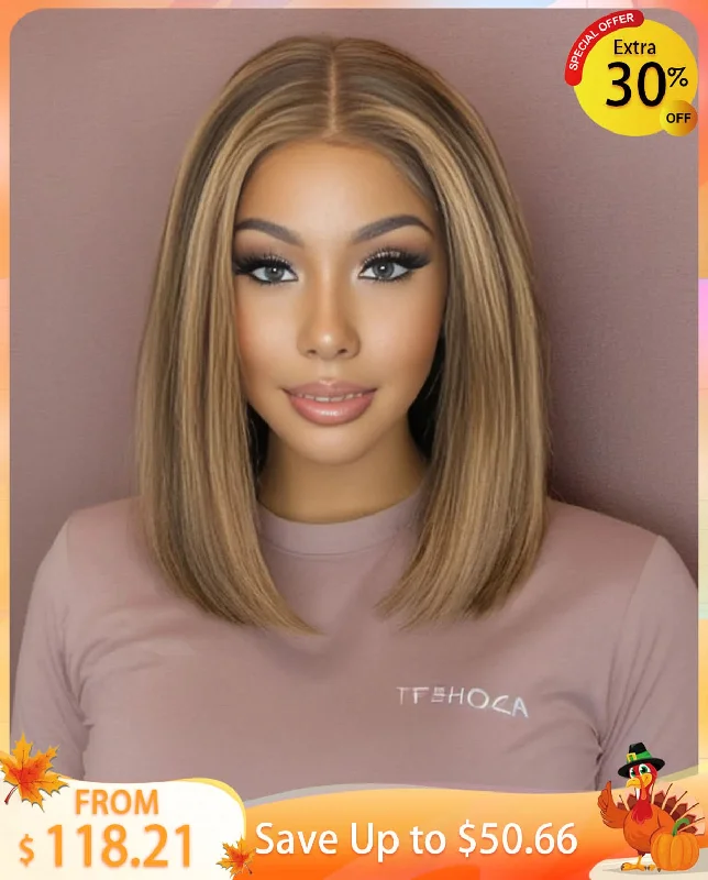 4x4 Tranparent Lace Front Wig Straight Honey Blonde Highlight