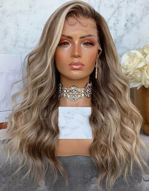 Highlight Blonde Wavy Human Hair Wig With Dark Roots Body Wave Lace Front Wigs