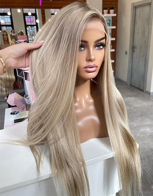 Balayage Full Lace Wig Ombre Ash Blonde Straight Human Hair Wig Easy Do Ponytail/Bun