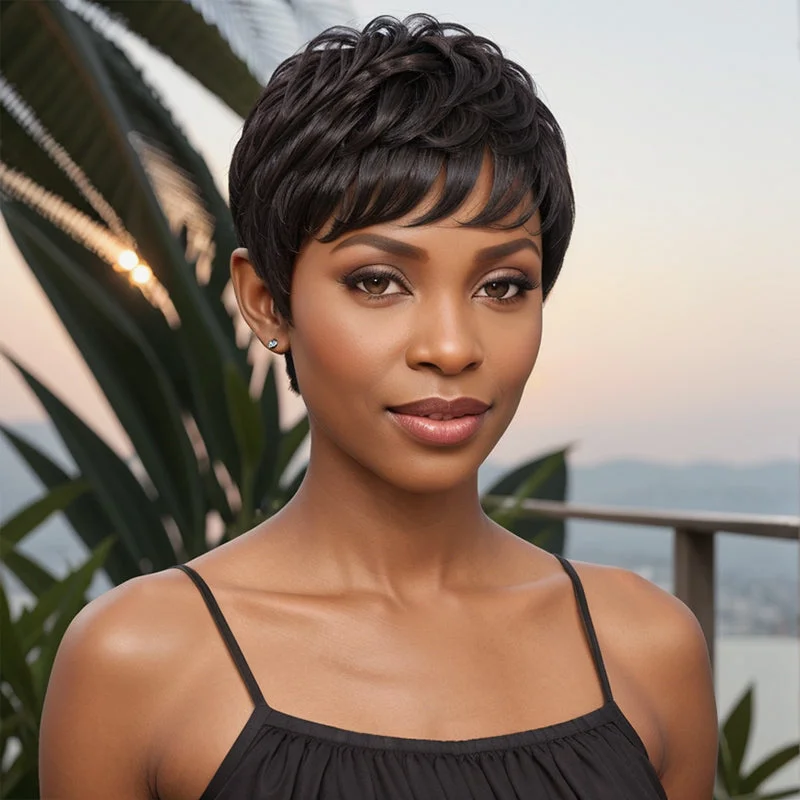 Black Natural Wave Short Pixie Cut Layered Glueless Wig Bob Human Hair For Summer