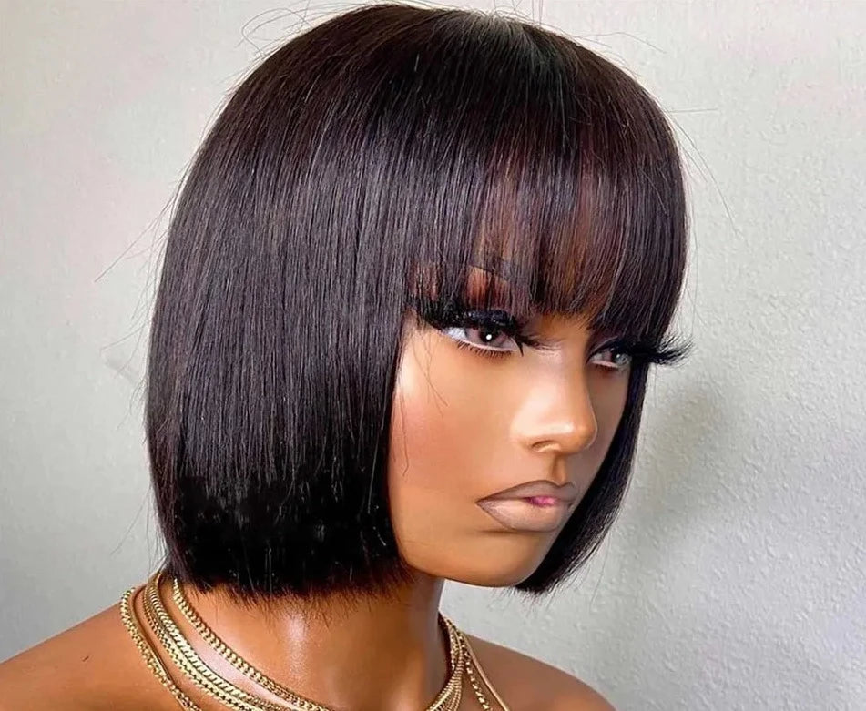 Brazilian Human Hair W/ Bangs Remy Straight Hair No lace Bob Wigs Full Machine Made Wig 8-16"