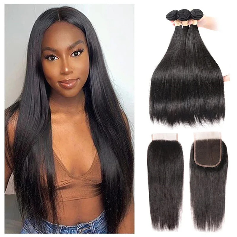 Brazilian Straight Hair 3 Bundles With 4x4 Lace Closure Wig