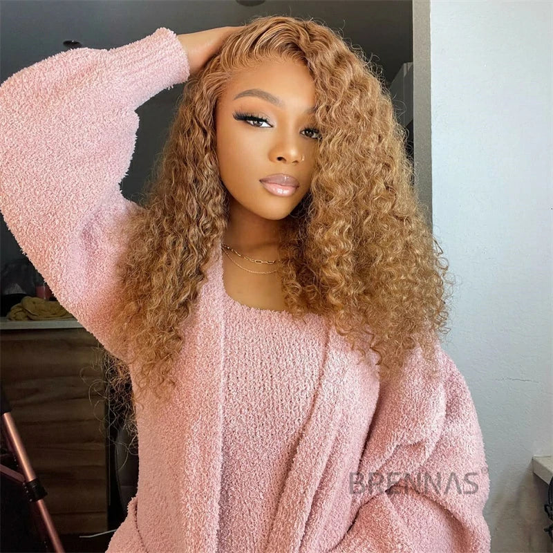 Brennas Hair #30 Honey Blonde Pre Plucked 4x4 HD Lace Wigs Curly Human Hair Wigs