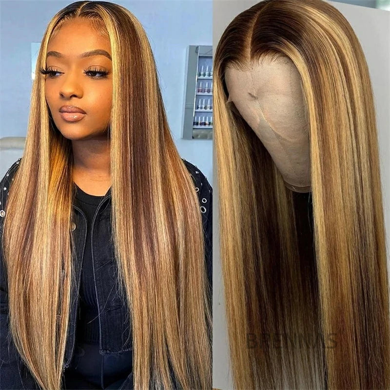 Brennas Hair Blonde Highlight Pre Plucked Straight Wig 4x4 HD Lace Wigs