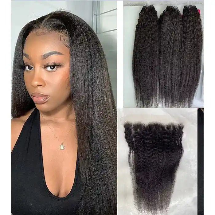 Raw Hair Kinky Straight Bulk Bundles Deal with Frontal 13x4 13x6