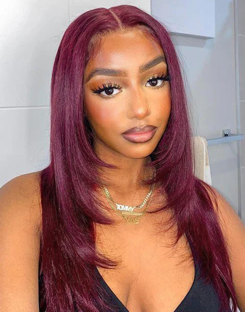 Burgundy Color Glueless Straight Layered Human Hair Wigs 13x5 Pre Everything Lace Frontal Wig