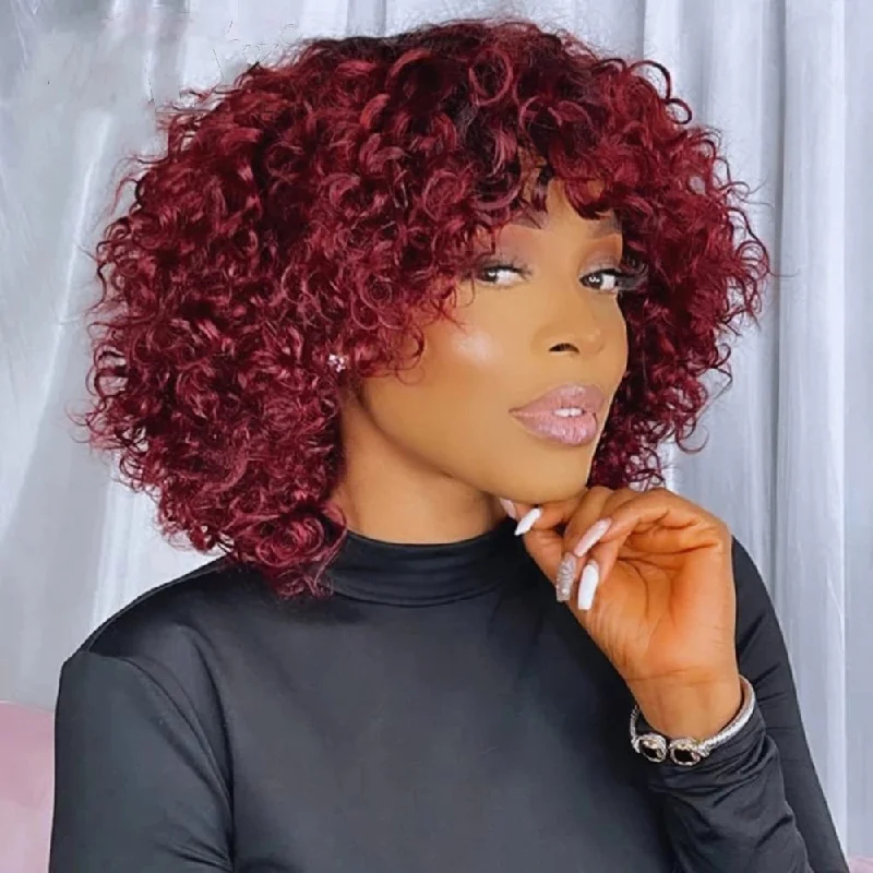 99J Burgundy Curly Wavy Bob With Bangs