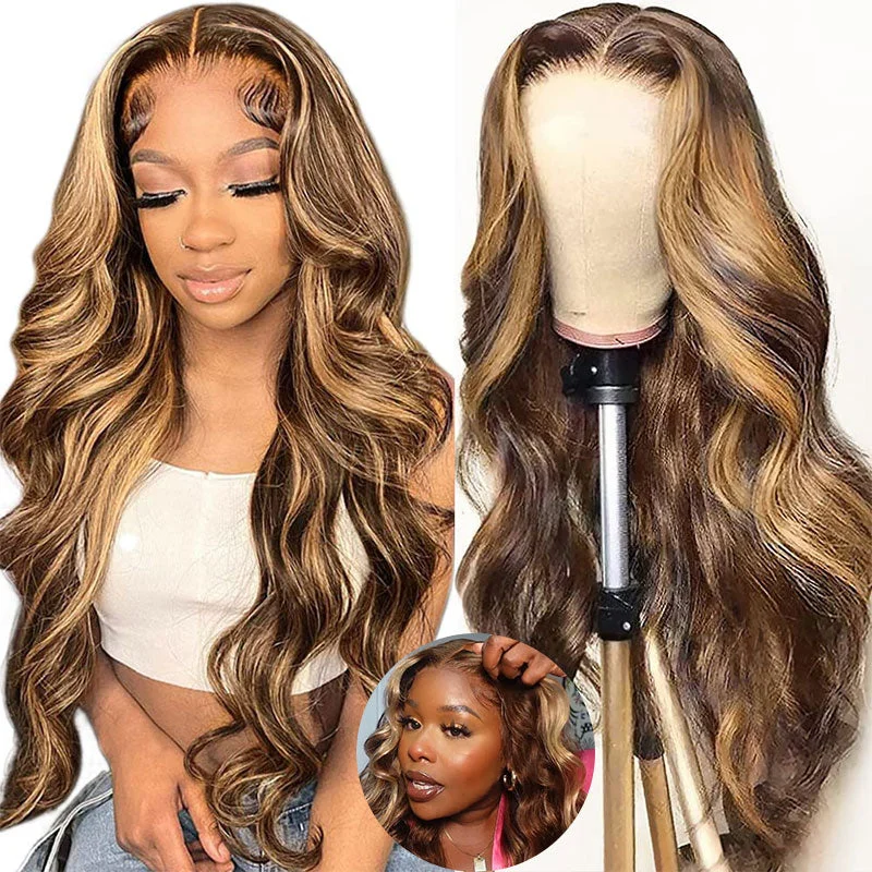 Buy 1 Get 1 Free,Code:BOGO | Klaiyi Pre-Cut Glueless Wig Put On and Go Highlight Blonde Body Wave Wig Human Hair