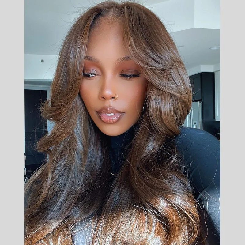 Camel Brown Layered Cut With Curtain Bang Quick Weave Lace Wig