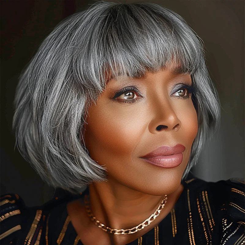 Classic Short Straight Wavy Grey Bob Standard Salt & Pepper Color Glueless Human Hair Wigs For Women Over 60