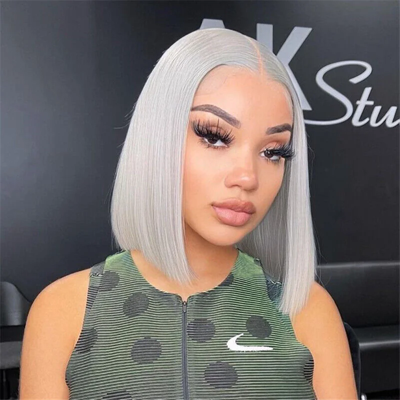 Silver Grey Natural Straight Bob Wig 250% Density