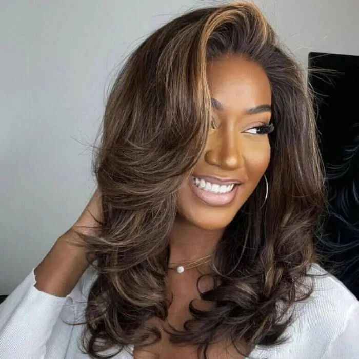 Dark Brown with Blonde Highlights Layered Wavy Lace Wig