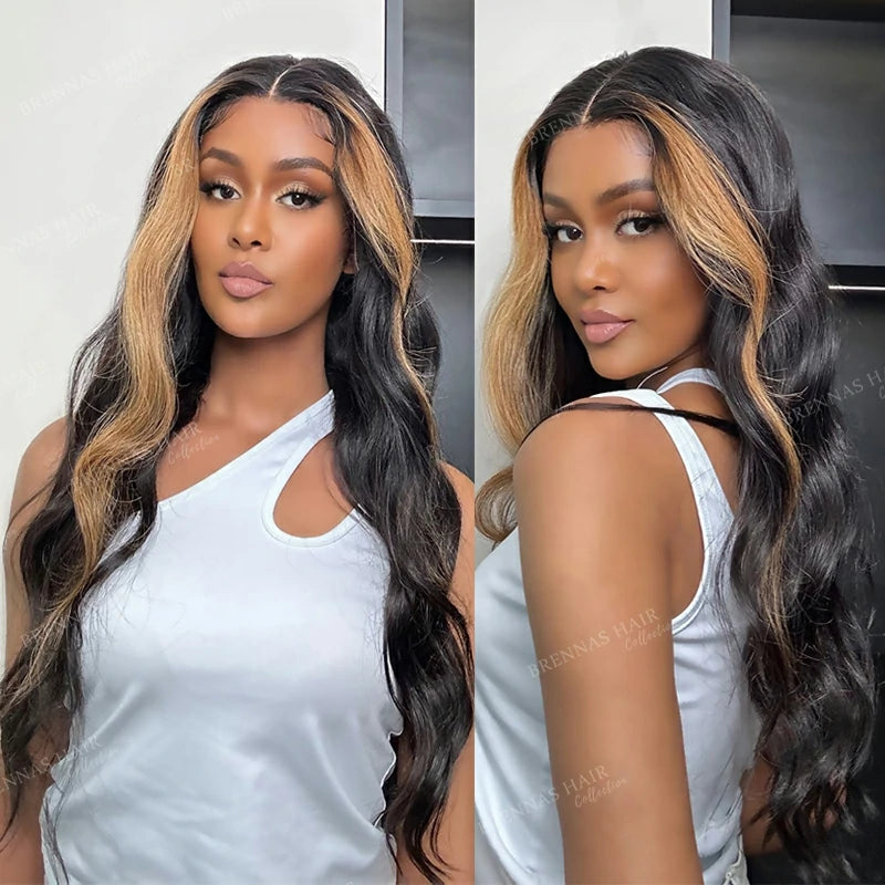 Brennas Hair Skunk Stripe Wig Wear & Go 4x4 / 6x4.5 Pre-Cut Lace Body Wave With Face Framing Highlights Glueless Breathable Cap-Air Wig 180% Density