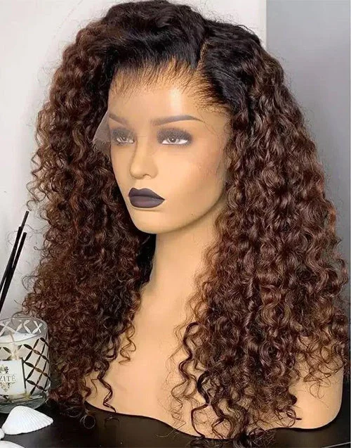 Glueless Invisiable Crystal HD Lace Ombre Chocolate Brown Curly 13x4 Lace Front Human Hair Wig