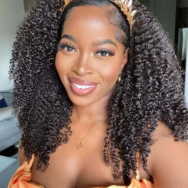 Kinky Curly Headband Wig Human Hair Scarf Wig No Gel No Glue Jerry Curl Hair Wig with Headband 180% Density