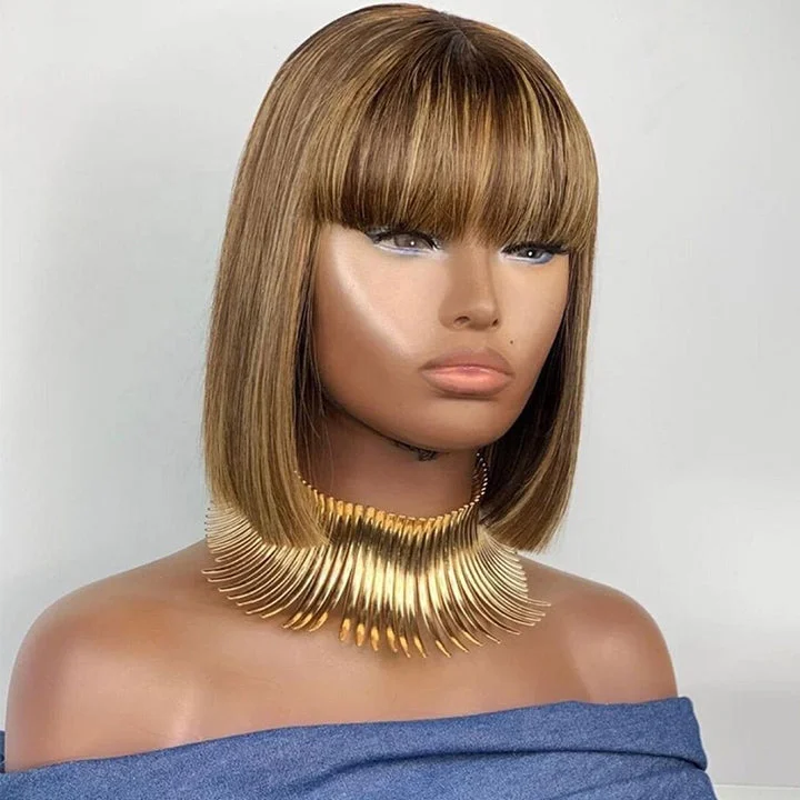 Highlight Brown Straight Bob Wig With Bangs Glueless Human Hair Wig With Fringe