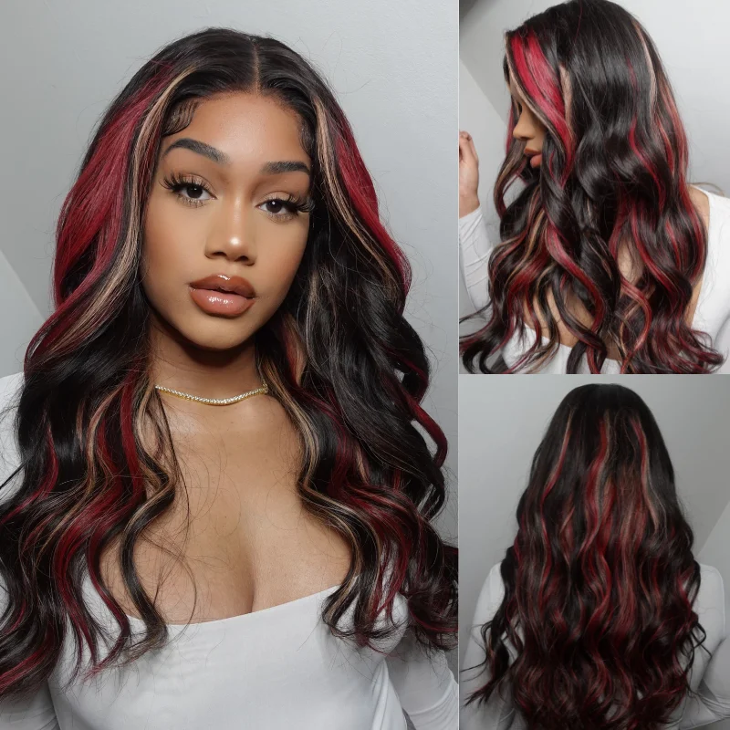 Klaiyi 13x4 Lace Front Blonde And Red Body Wave Wigs  Multi Color Highlights Flash Sale