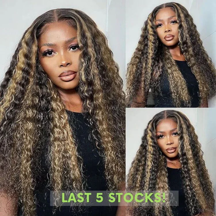 Klaiyi 7x5 Bye Bye Knots Lace Balayage Blonde Highlights Kinky Curly/Jerry Curly Put On and Go Glueless Wig Flash Sale