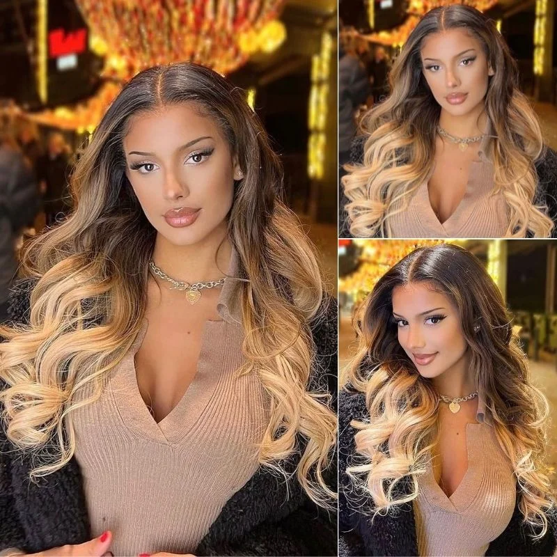 Klaiyi Private Customized Modeling Style Lace Frontal Wig New Fashion Wave Ombre Honey Blonde Colored Wigs-Flash Sale