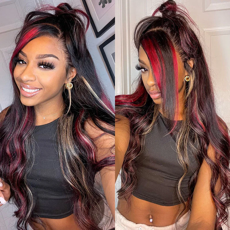 Klaiyi Multi Color Highlights 13x4 Lace Front/7x5 Deep Part Bye Bye Knots Pre-cut Lace Blonde And Red Loose Wave Wigs Human Hair Flash Sale