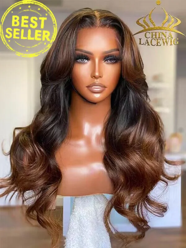 Long Layered Curtain Bangs with Rich Honey Brown Ombre 360 HD Invisible Lace Wigs CF73