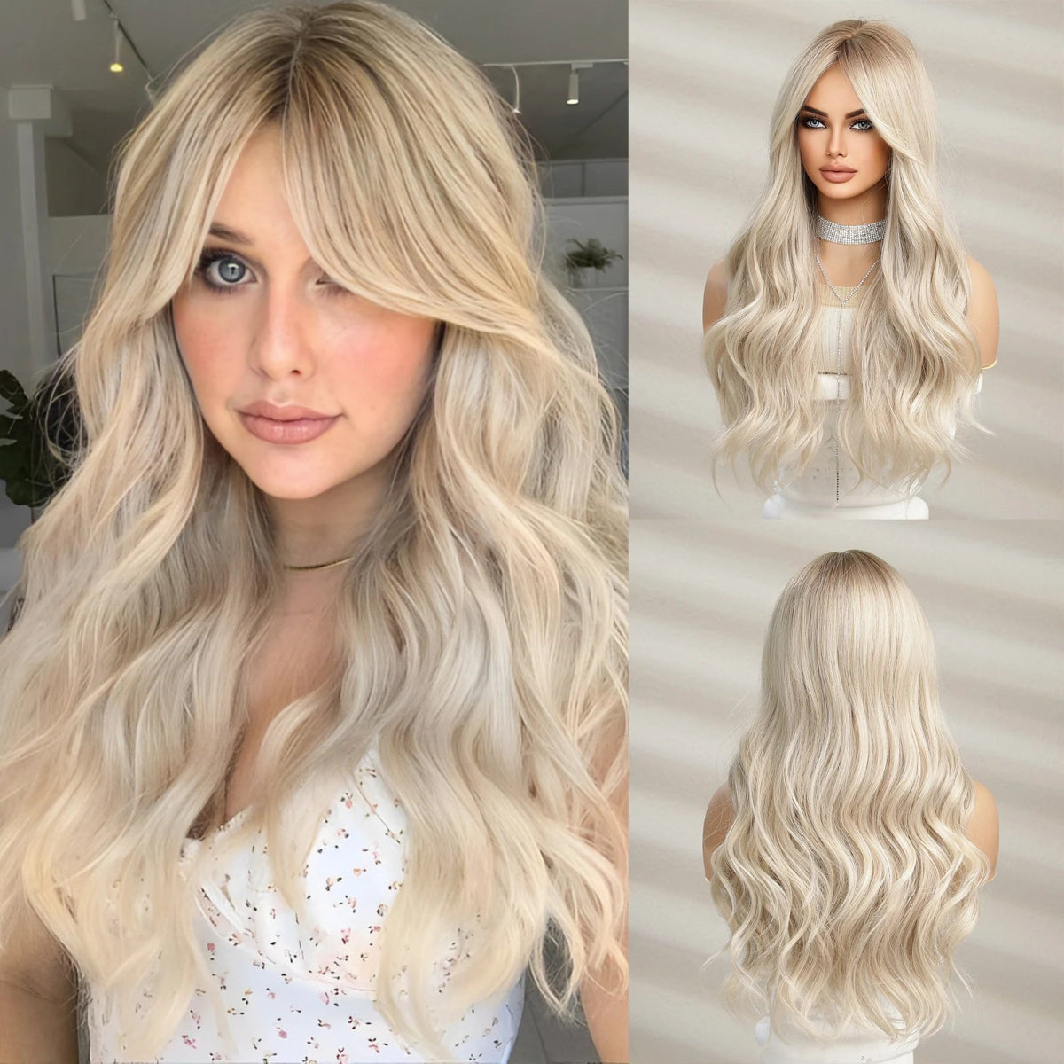 Long Wavy Blonde Grey Synthetic Wigs