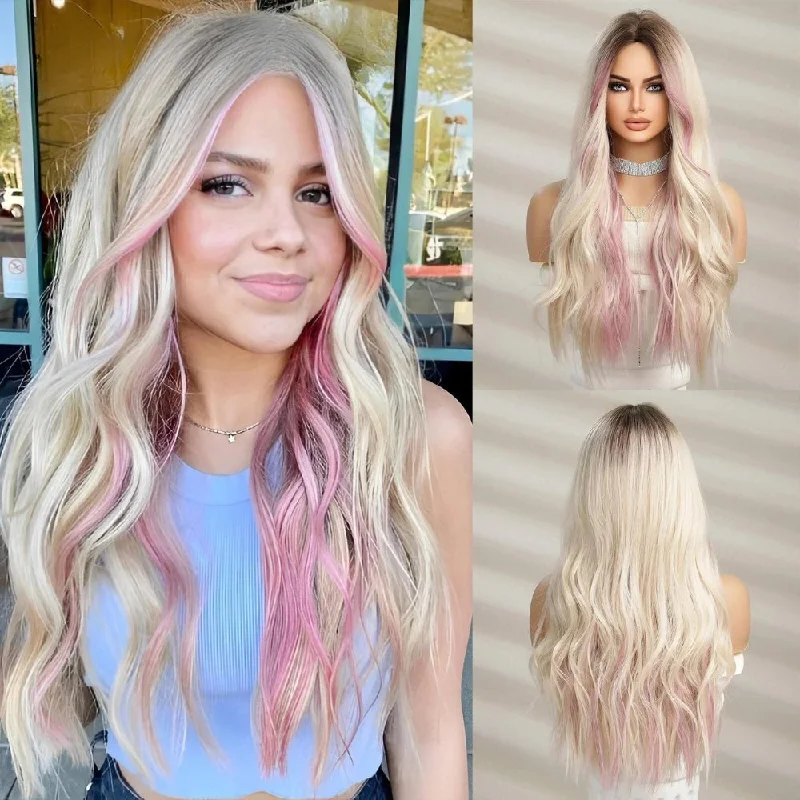 Long Wavy Highlight Pink Synthetic Wigs