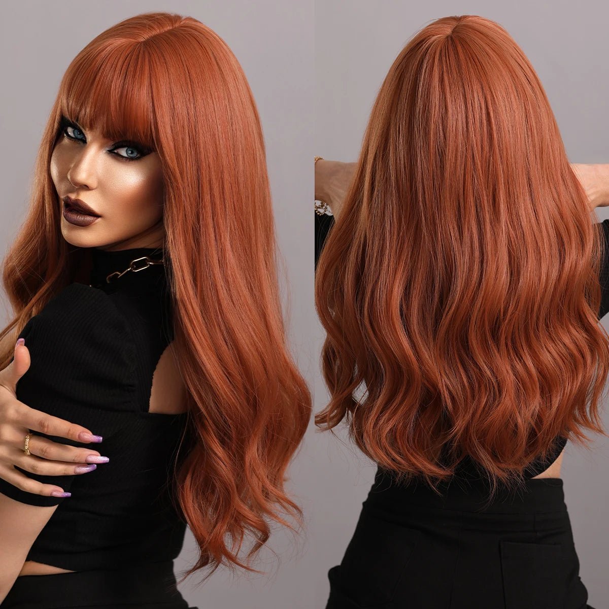 Long Wavy Ginger with Bangs Synthetic Wigs