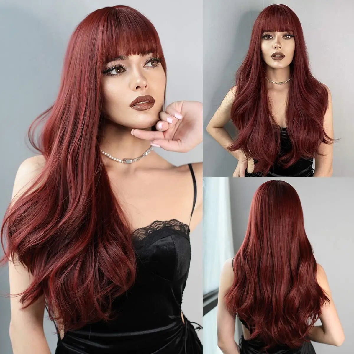 Long Wavy Wine Red Synthetic Wigs