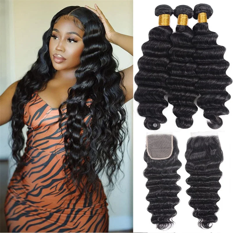 Loose Deep Wave Bundles Brazilian Hair 3 Bundles with 4x4 Lace Closure