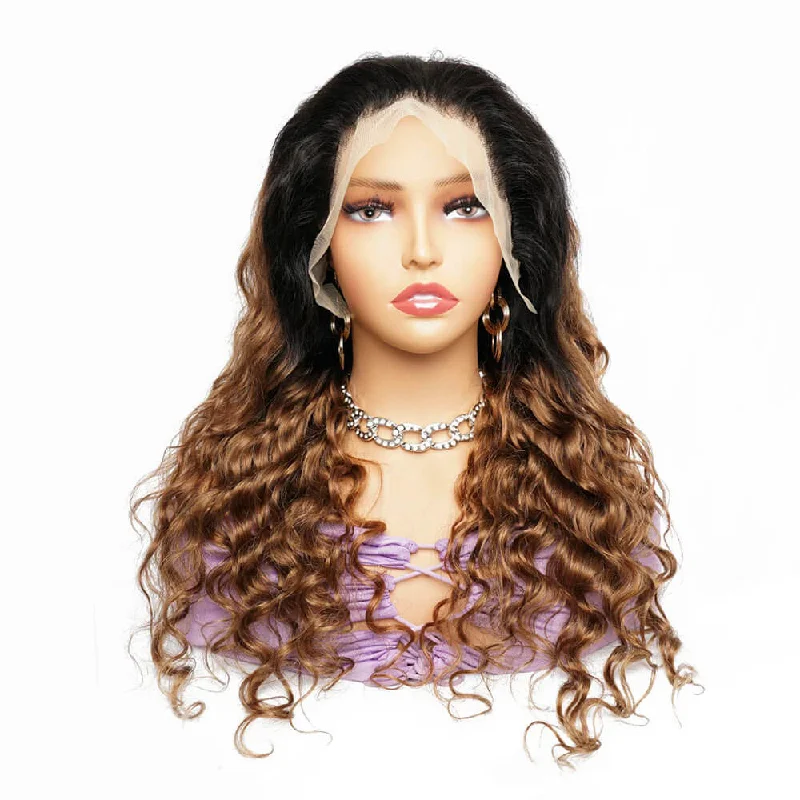 Loose Deep Wave Auburn Hair Lace Front Wig With Black Roots