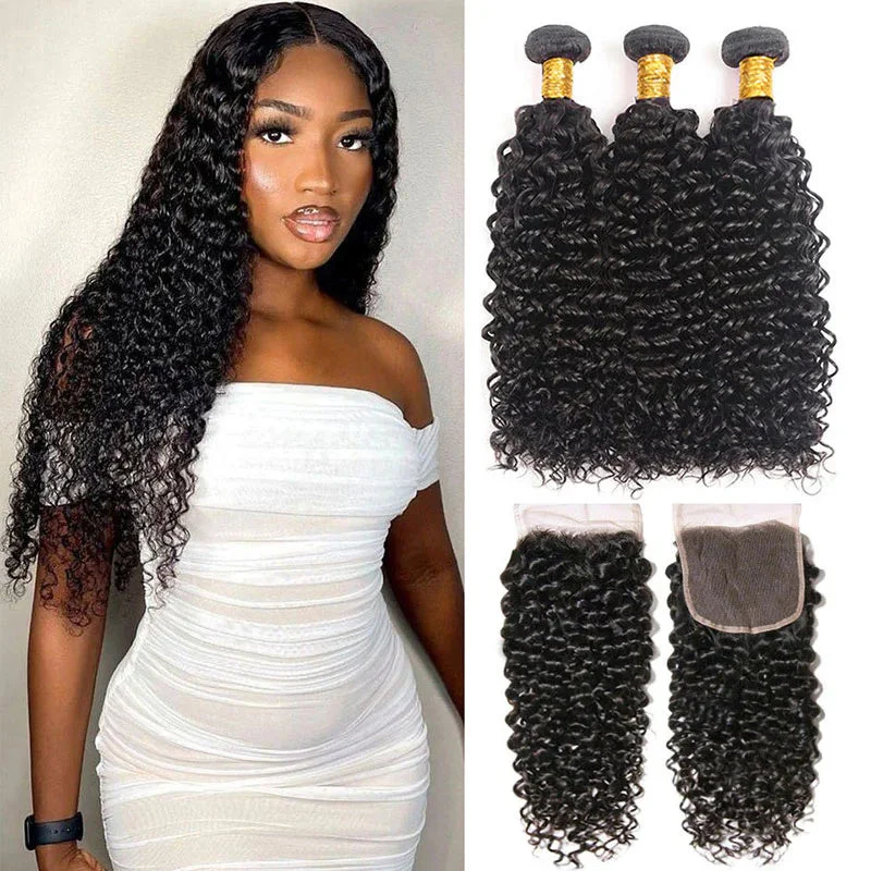 Malaysian Curly Wave Hair 3 Bundles With 4x4 Closure