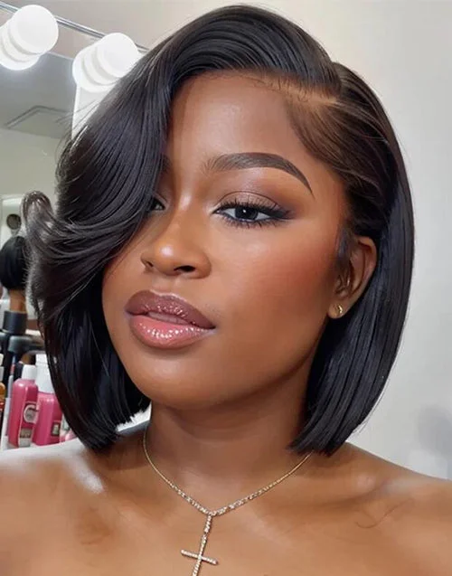 Bob wig with a monofilament cap for a breathable feelMature Boss Straight Pixie Cut Wig With Swept Bangs Pre Cut Lace Glueless Wig