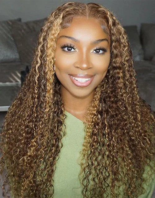 Mixed Honey Brown P4/27 Pre Cut Lace Glueless Curly 9x6 Lace Preplucked Wig