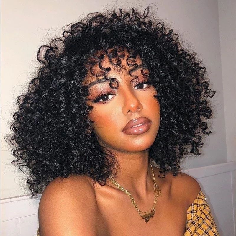 Modern Show Short Afro Jerry Curly Bob Wig With Bangs 100% Glueless Human Hair Wigs For Women