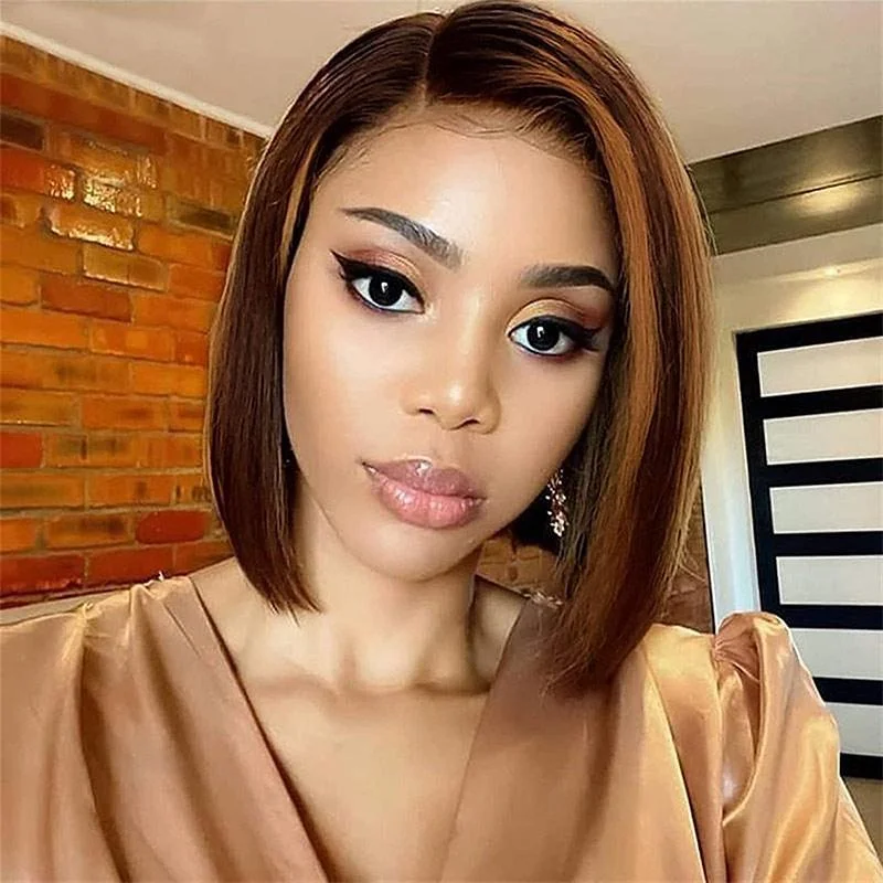 Modern Show 4x4 Lace Closure Wig Straight Bob Brown With Strawberry Blonde Highlights Piano Color Human Hair