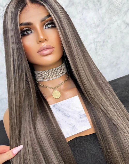 Ombre Smoky With Icy Blonde Silky Straight Lace Front Human Hair Wigs With Dark Roots