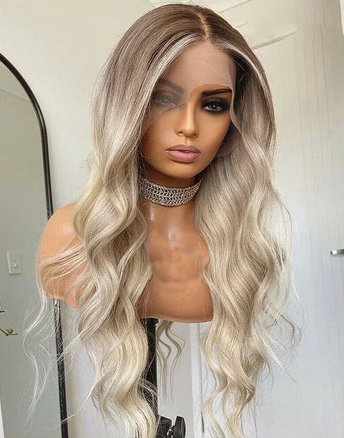 Jessie's Wig Ombre Ash Blonde Wavy Human Hair Wig Highlight 613 Body Wave Lace Front Wigs With Dark Roots