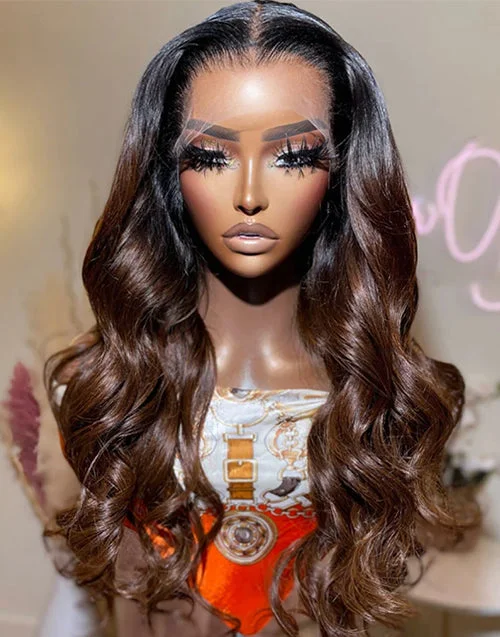 Ombre Brown Wavy Wigs Glueless Human Hair 13x4 Lace Front Wigs