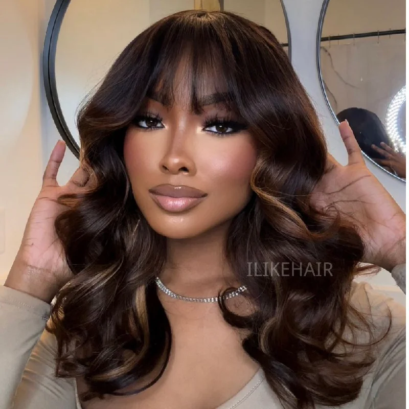 Ombre Chestnut Brown Highlights Curtain Bangs with Layered Cut Wavy Lace Closure Wig