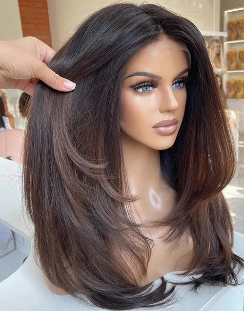 Ombre Dark Brown Layer Cut 13x6 Lace Front Straight Human Hair Wig