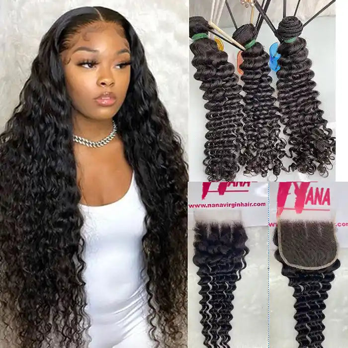 Raw Hair Deep Wave bundle wholesale for 3 or 4 Bundles with Closure